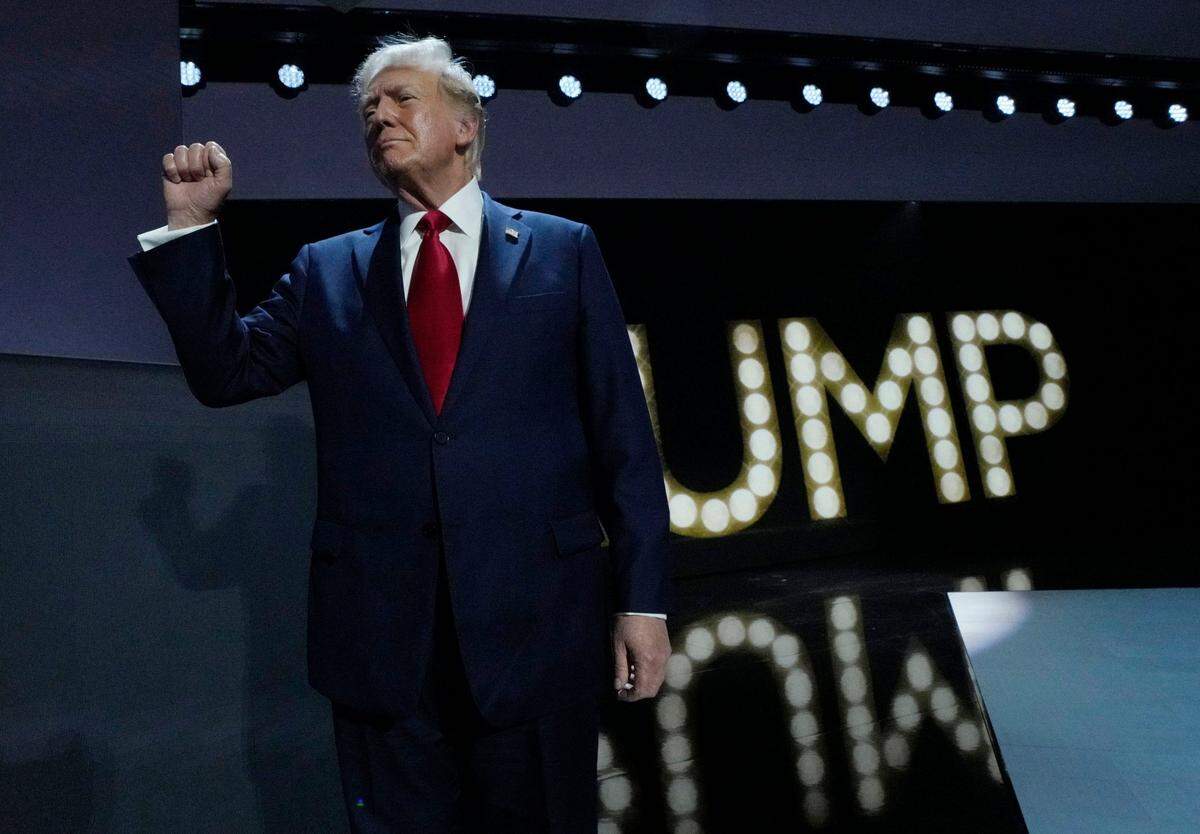 Donald Trump speaks during the final day of the Republican National Convention at the Fiserv Forum. The final day of the RNC featured a keynote address by Republican presidential nominee Donald Trump.