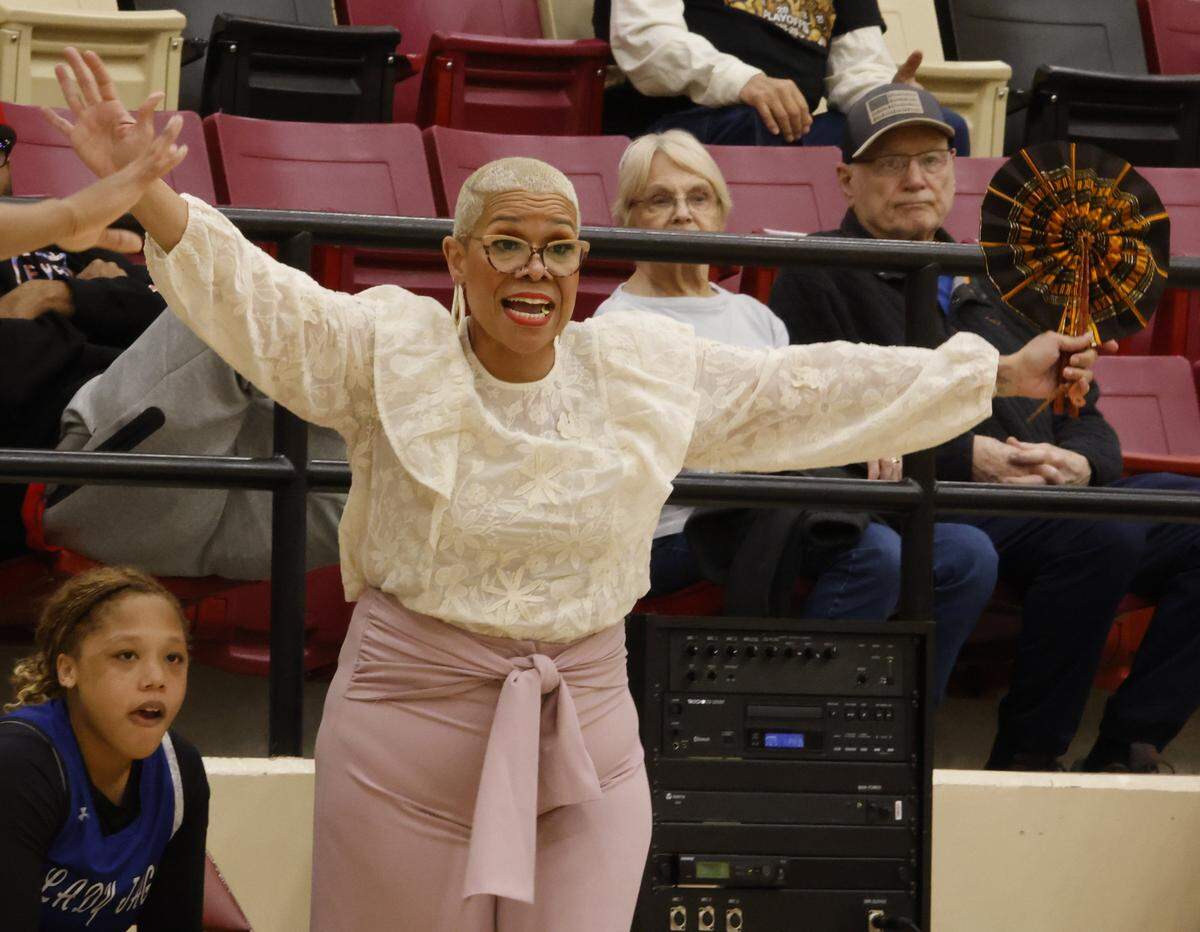 Mansfield Summit head coach Amy Gillum reacts to play against Argyle during the first half of a UIL Class 5A DII girls playoff basketball game at Saginaw High School in Saginaw, Texas, Thursday Feb. 19, 2026.