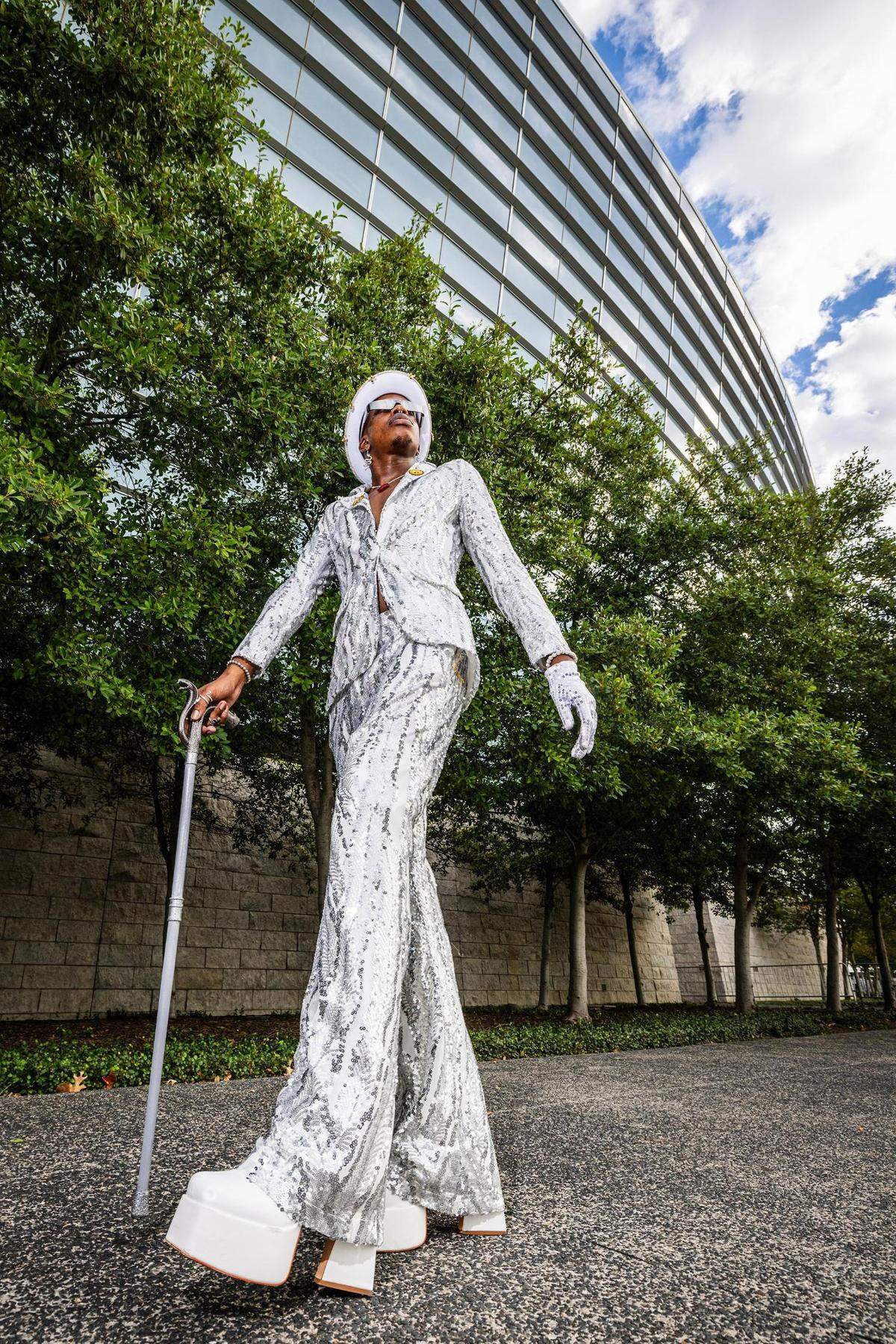 Michael Quincy-Sanders shows off his bedazzled outfit before entering Beyonce’s Renaissance World Tour at AT&T Stadium in Arlington on Thursday, Sept. 21, 2023.