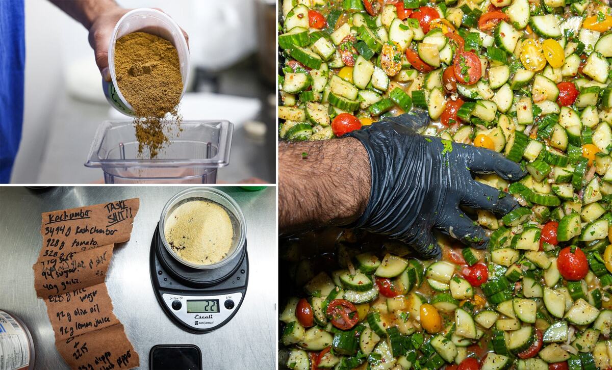 Top left: Cumin is portioned out to prepare the spice mixture for the Kachumber salad. Bottom left: The spice mixture for the Kachumber salad is weighed on a scale for exact measurements next to the recipe written on a piece of scratch barbecue parchment paper. Right: Zain Shafi, the owner of Sabar BBQ, uses a glove to mix the Kachumber salad with his hand.