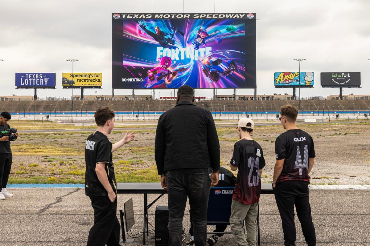 Professional Fortnite players prepare to play Fortnite on the “Big Hoss” Video Board for the Fortnite Battle Royale Global Championship media event at the Texas Motor Speedway in Fort Worth on Thursday, Sept. 5, 2024.