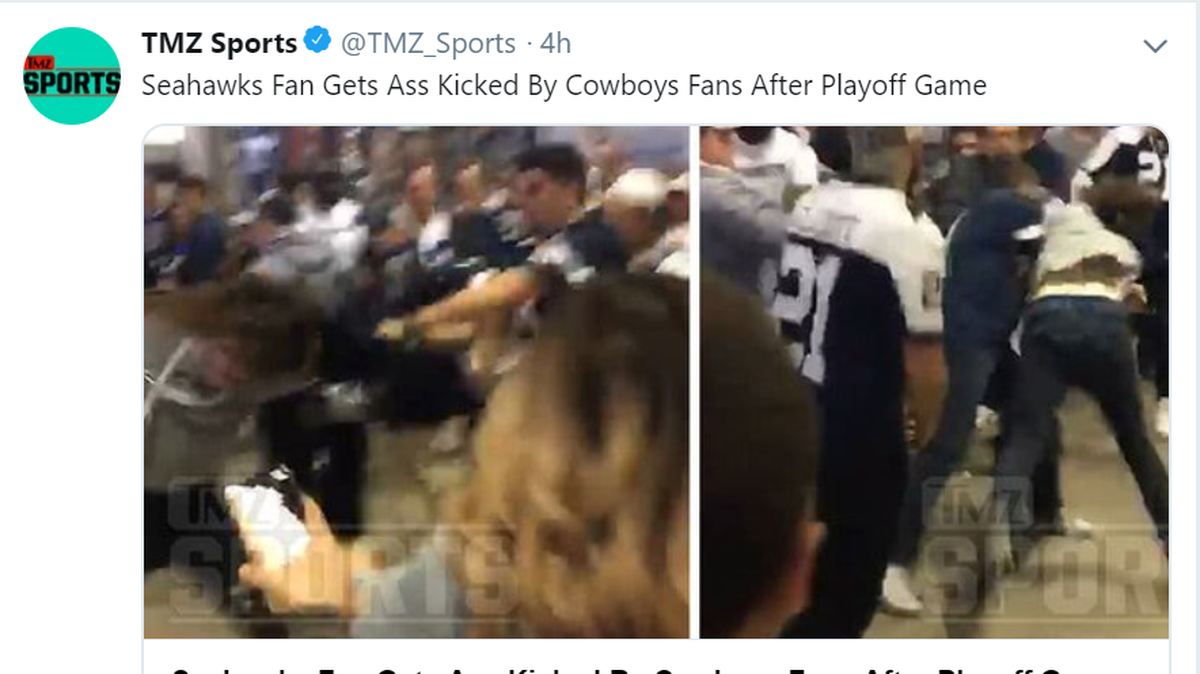 The Dallas Cowboys topped the Seattle Seahawks 24-22 in the NFL playoffs on Saturday night in Arlington. But a video from TMZ shows fans of the home home team in a fight with a visiting fan at AT&T Stadium.