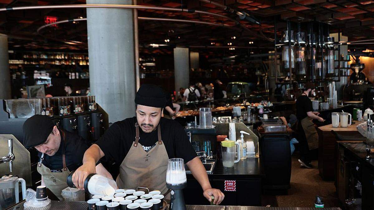 NEW YORK, NEW YORK - MARCH 31: Starbucks Reserve Roastery New York employees prepare samples on March 31, 2026 in New York City. The average retail price for a pound of ground roast coffee continues to rise due to several factors, including tariffs, uncertainty tied to the war in Iran, and extreme weather affecting coffee farms in Brazil and Vietnam, the world's two largest producers, causing market speculation. (Photo by Michael M. Santiago/Getty Images)