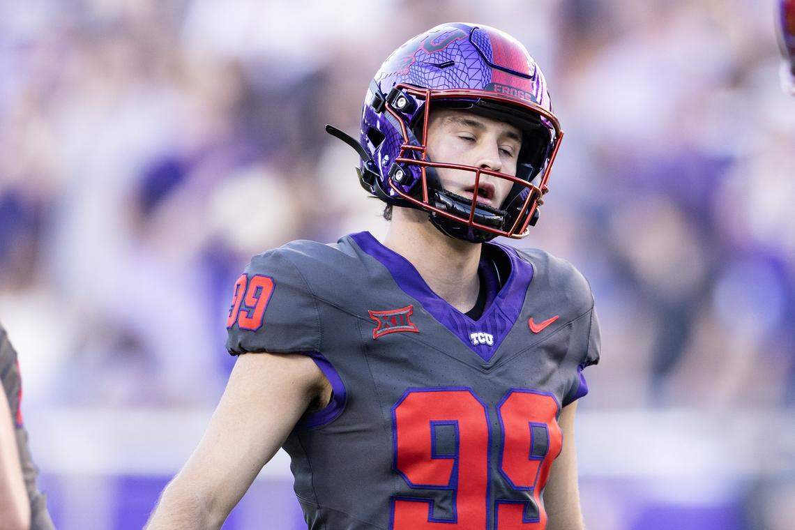 TCU kicker Nate McCashland (99) reacts after missing a field goal to end the first half of a Big XII football game between the TCU Horned Frogs and the Iowa State Cyclones at Amon G Carter Stadium in Fort Worth on Saturday, Nov. 8, 2025.
