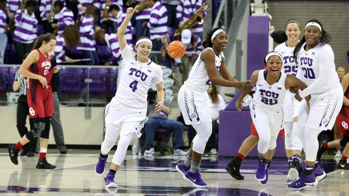 TCU Horned Frogs Amber Ramirez (4), Dakota Vann (24) Lauren Heard (20), Kianna Ray (25), and Amy Okonkwo (00), shown celebrating after their win over Oklahoma earlier this season, got another chance to make merry on Saturday when they topped the Sooners in the Big 12 Conference Tournament quarterfinals. The win advances TCU to Sunday's semifinals against third-ranked Baylor at 2 p.m.