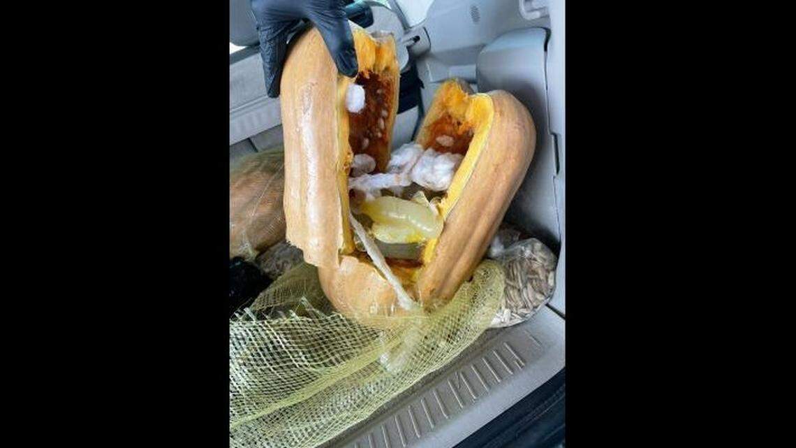 Authorities said 136 condoms filled with liquid methamphetamine were concealed inside four pumpkins. The meth was seized at the Eagle Pass Port of Entry along the Texas border.