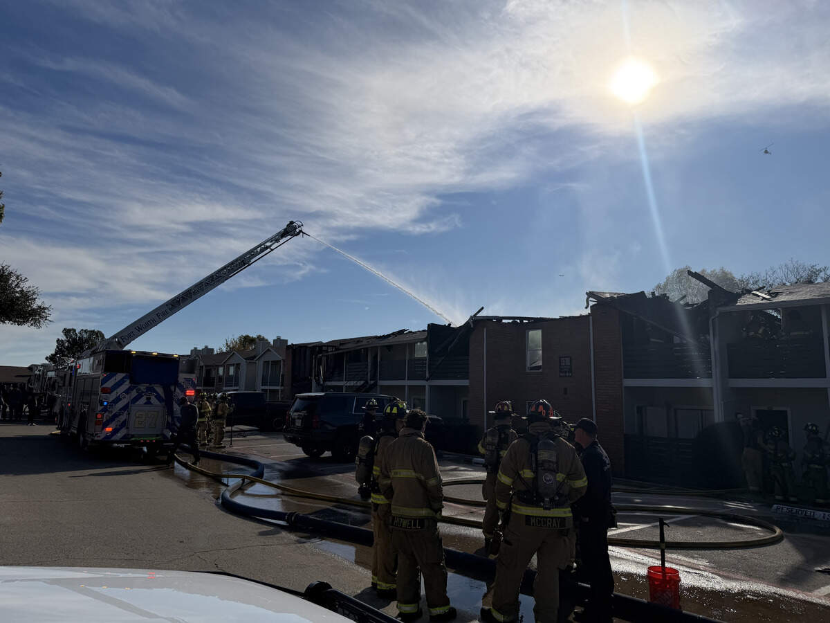 Fort Worth firefighters respond to a fire at 13716 Gazebo Lane on Wednesday, Dec. 9, 2025. An official said that 43 residents were displaced.