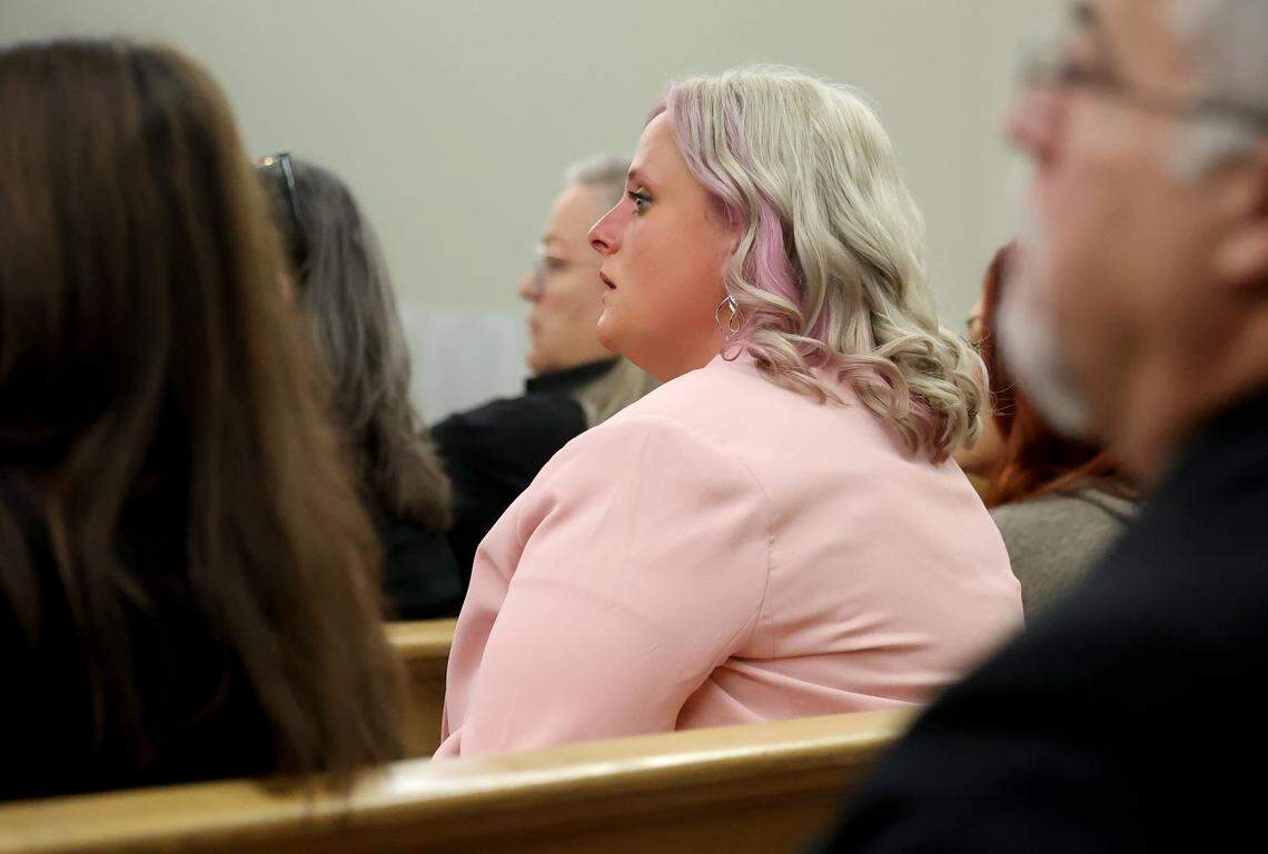 Athena Strand's mother Maitlyn Gandy listens to testimony during the capital murder trial of Tanner Horner in the November 2022 strangulation killing of 7-year-old Athena Strand on Tuesday, April 7, 2026, at the Tim Curry Criminal Justice Center in Fort Worth.