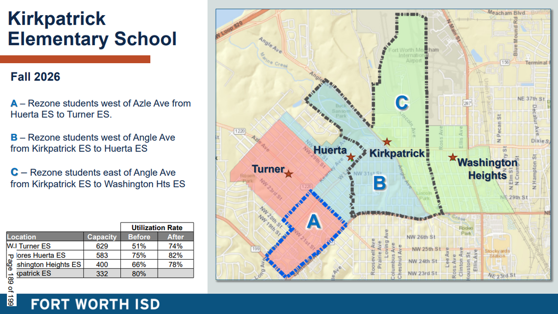 A map shows the new attendance boundaries of Milton Kirkpatrick Elementary students who will transfer to two neighboring campuses in the 2026-27 school year after the elementary school’s closure. Some Dolores Huerta Elementary students will also be reassigned to W.J. Turner Elementary amid the boundary readjustments.