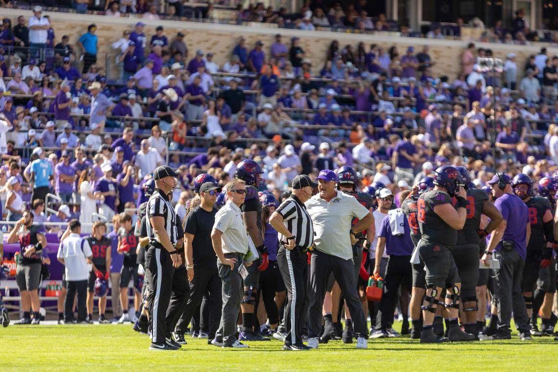 TCU head coach Sonny Dykes reacts to a call by the referees during their game against OSU at the Amon G. Carter Stadium in Fort Worth, on Saturday, Oct. 16, 2022.