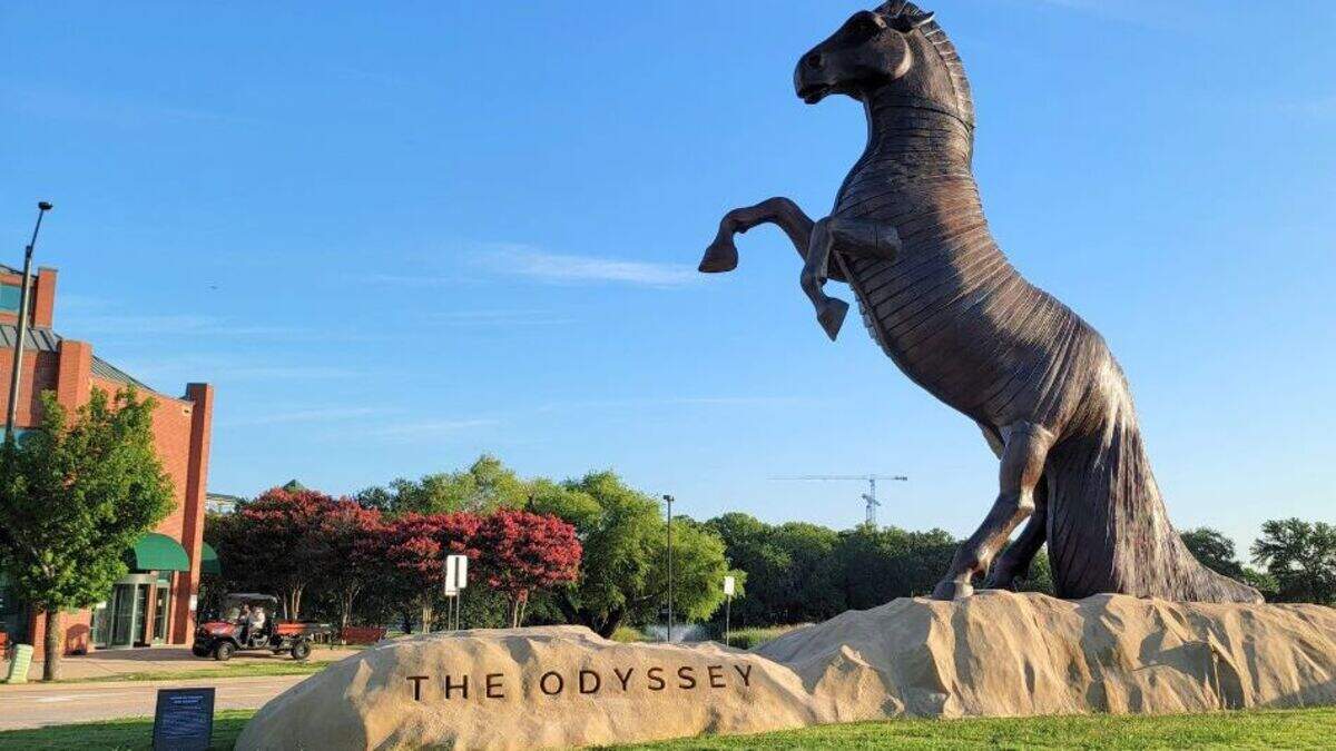 A 40-foot tall wooden horse has been installed in Arlington to celebrate ‘The Odyssey,’ in theaters July 17.