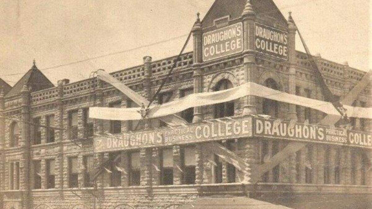 Draughon’s Practical Business College, without the Nelson name, circa 1905, when it was at Fourteenth and Main opposite the T&P passenger station.