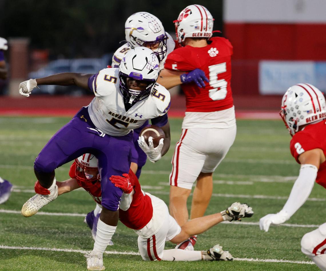 Alvarado running back Demarcus Belton (5) steps through the tackle of Glen Rose defensive back Caden Marrs (9) during a UIL football game at Tiger Stadium in Glen Rose Texas, Friday, Sept. 27, 2024.
