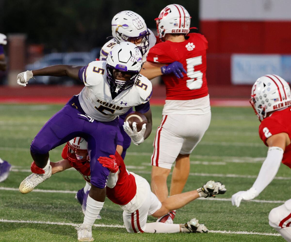 Alvarado running back Demarcus Belton (5) steps through the tackle of Glen Rose defensive back Caden Marrs (9) during a UIL football game at Tiger Stadium in Glen Rose Texas, Friday, Sept. 27, 2024.