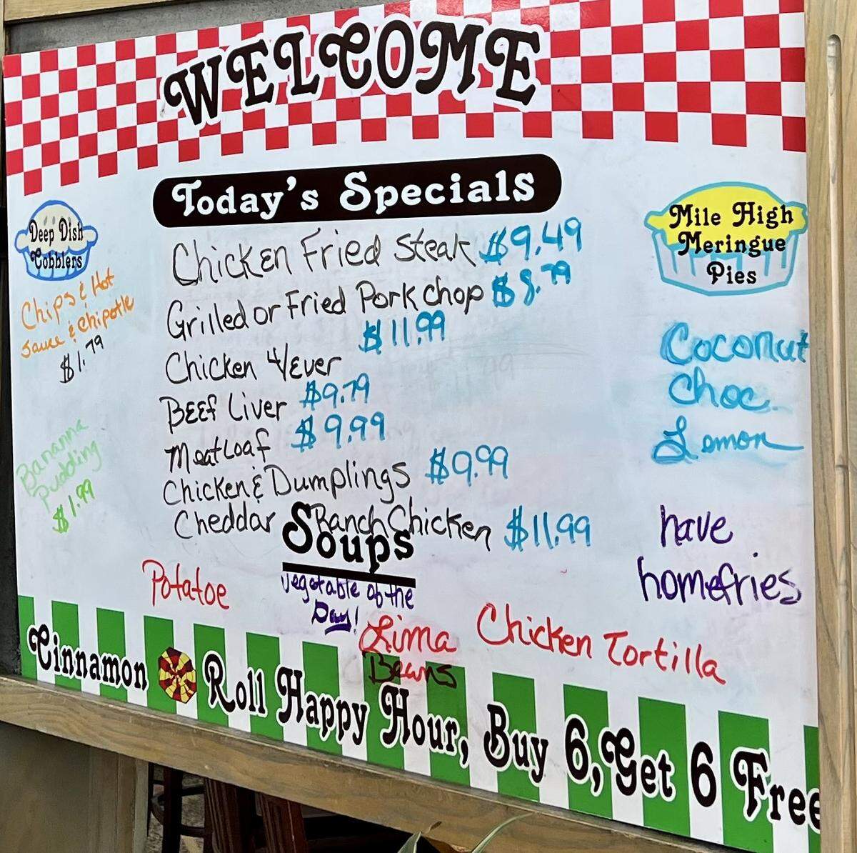 A folksy whiteboard menu Nov. 20, 2021, at Ginger Brown’s Old Tyme Restaurant in Lake Worth.