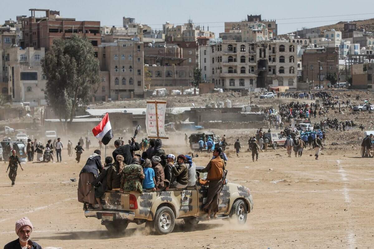 Iran-backed Houthi rebels take part in a demonstration against the USA&nbsp;and Israel in Saana, Yemen, in January. 