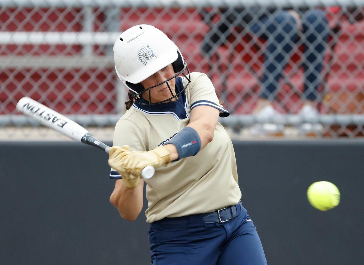Keller catcher Kaiya Fabela takes a swing during a UIL District 6A Region 1 Bi-district softball playoff game at Saginaw High School in Saginaw, Texas, Thursday, April 25, 2024. Paschal defeated Keller 3-2. (Special to the Star-Telegram/Bob Booth)