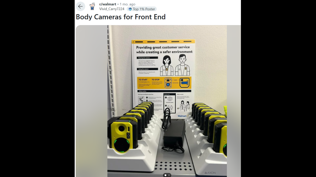 A photo of Walmart body cameras was posted on Reddit including instructions for how to use the camera to record “an event if an interaction with a customer is escalating.”
