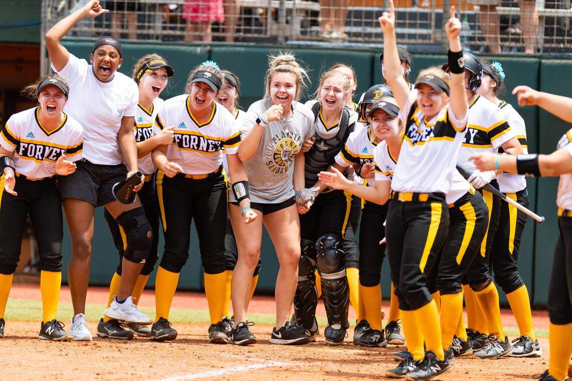 Forney celebrates a two-run home run from Trinity Cannon in the 5A state semis, Friday May 31, 2019.