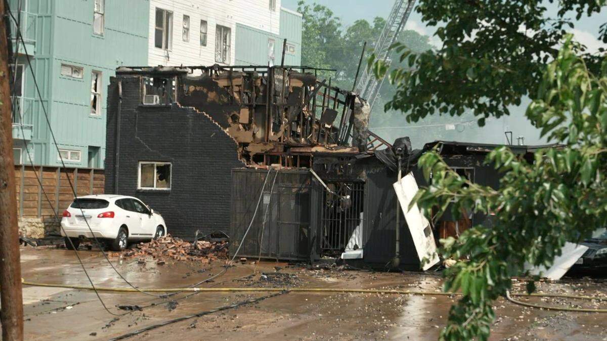 Fire damage after an explosion at The Clyde apartment complex in Dallas on Thursday May 28, 2026. The fire injured at least four people and fatalities have been confirmed.