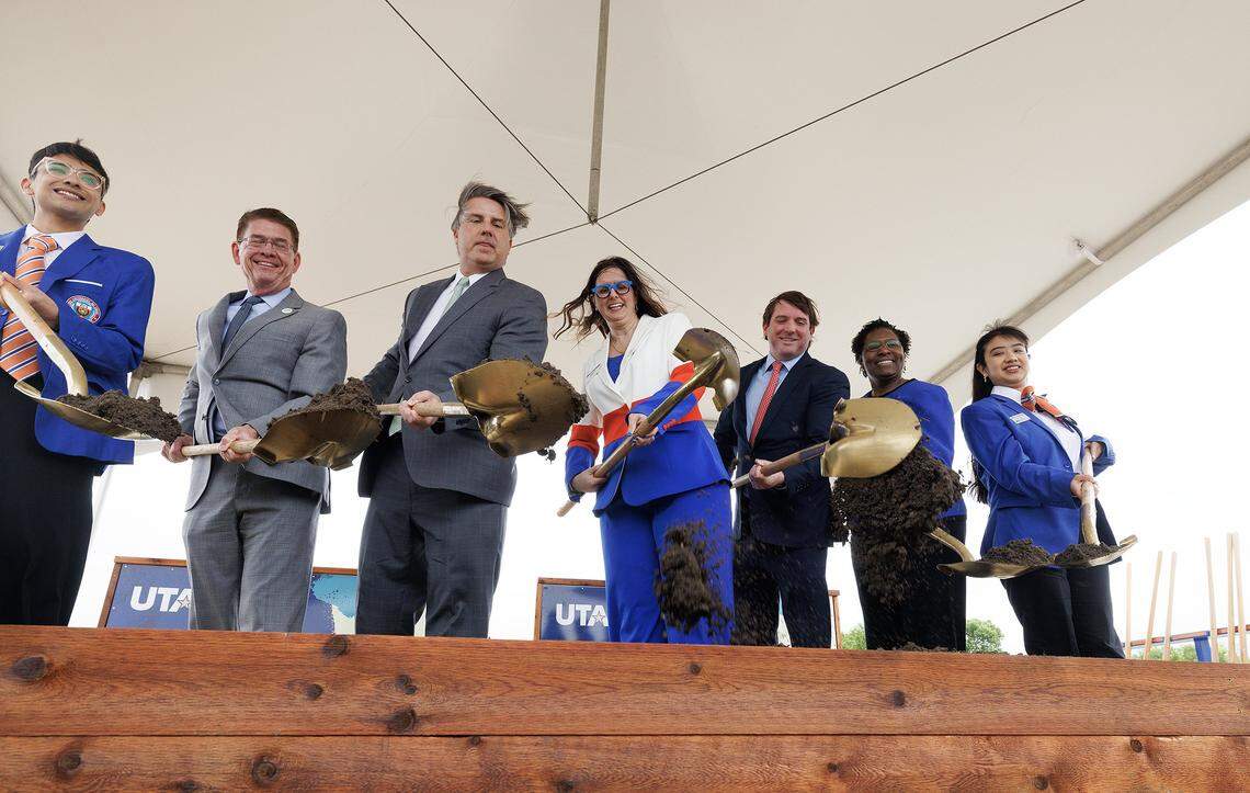 Dignitaries and officials break ground on the new UTA West campus on Thursday, April 3, 2025.
