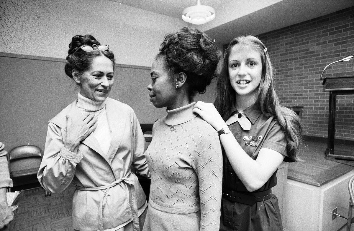 Nov. 26, 1975: Two of the outstanding women named as Girl Scout Hidden Heroines were Mrs. Mary Lou Watkins, who re-opened the Nutt House in Granbury, and Mrs. Erma Duffy Lewis, executive director of the Sojourner Truth Players. At right is Miss Judy Mossbarger of the selection committee. The bicentennial project was designed to help Girl Scouts develop pride in their identity as women.