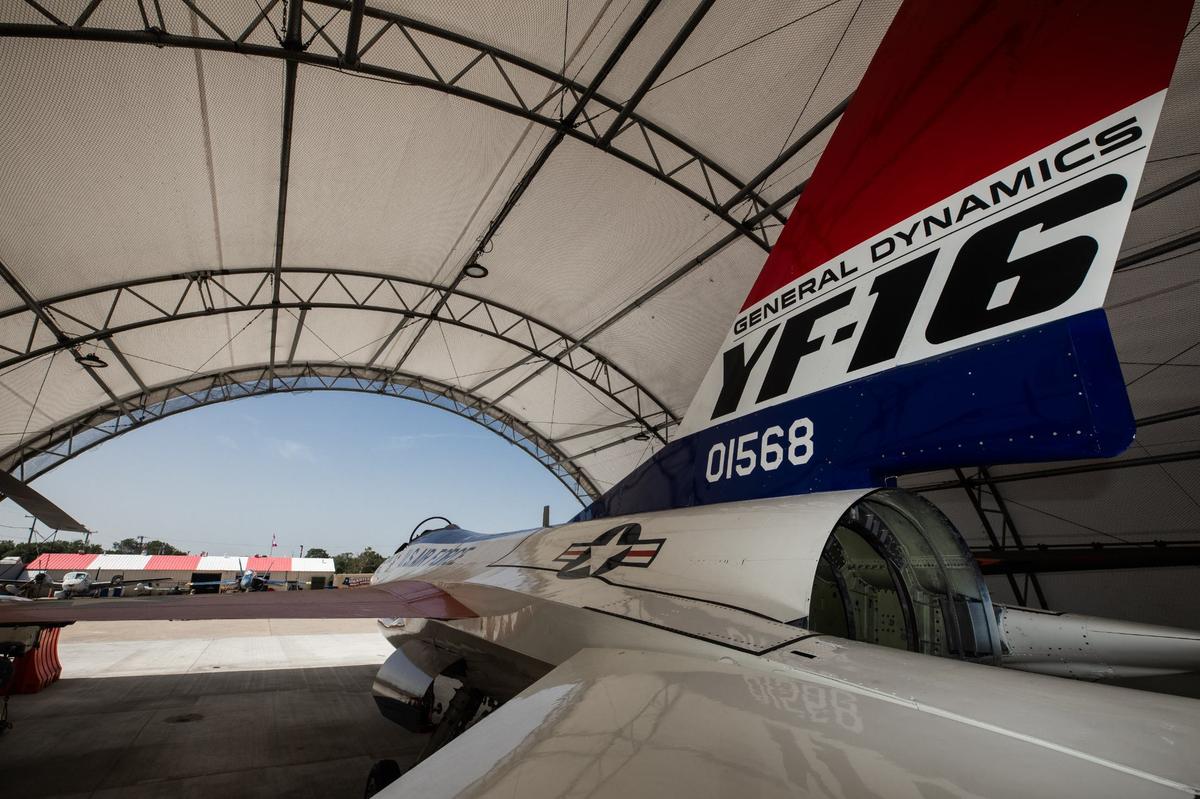 A retired YF-16 on display in a hanger on Thursday, August 1, 2024 at the Fort Worth Aviation Museum. In 2020 the museum received the aircraft on loan from National of United States Air Force and has been under restoration since and is the second ever built YF-16 making this aircraft special to the museum.