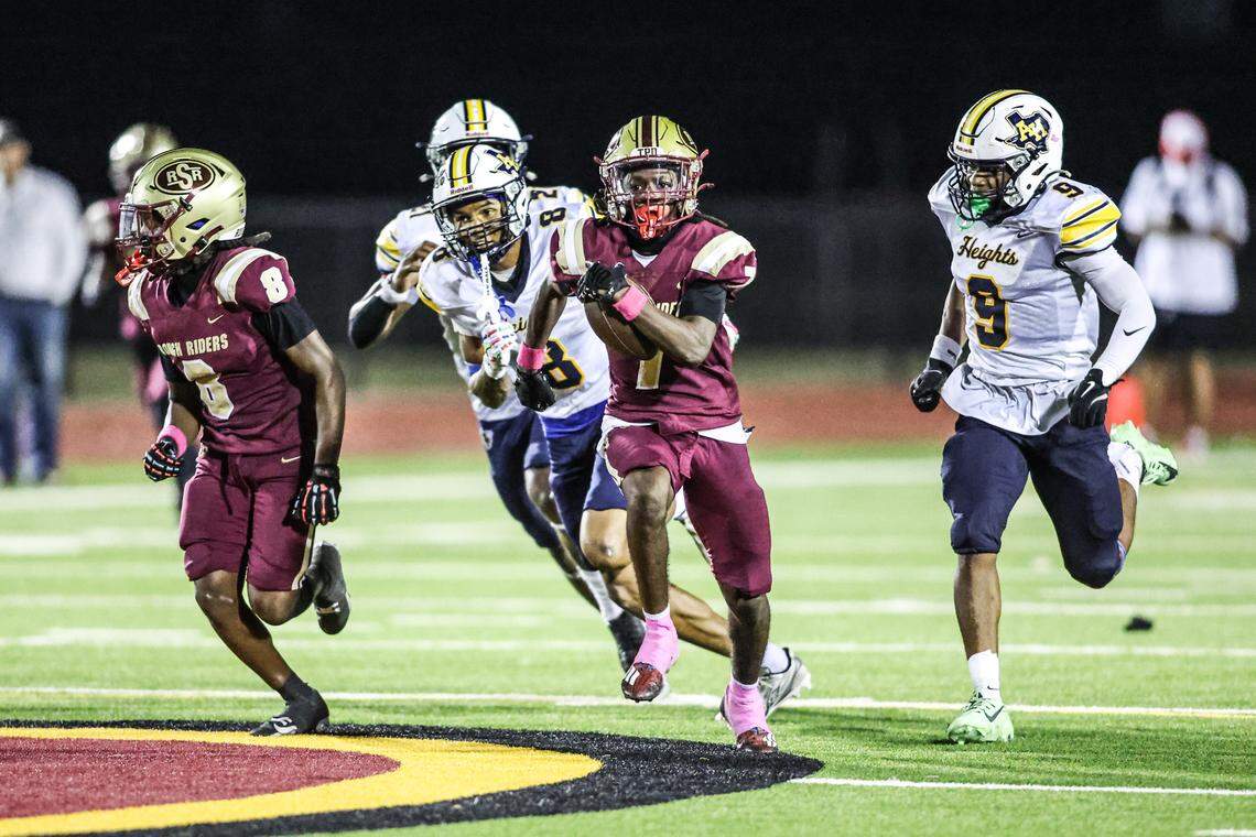 Saginaw receiver Kaiden Stewart gets behind the defense to score his third touchdown of the game on the first play of the fourth quarter on Thursday, October 10, 2025, at Rough Rider Stadium in Saginaw, Texas.