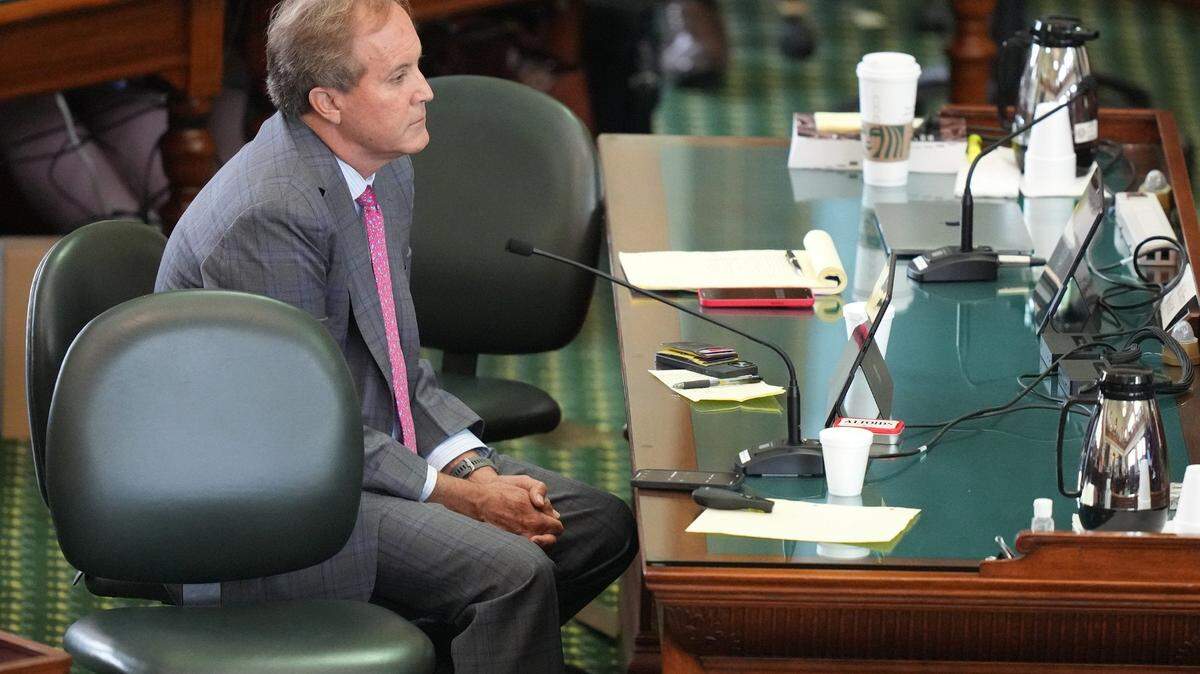 Attorney General Ken Paxton sits at the defense table before closing arguments in his impeachment trial at the Capitol on Friday September 15, 2023.