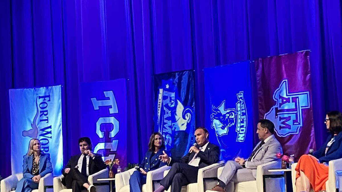 Seven Tarrant County higher education leaders spoke at a summit on innovation and economic development at Fort Worth’s Bass Performance Hall on Nov. 3, 2025. Pictured from left to right are Fort Worth Mayor Mattie Parker, TCU Chancellor Daniel Pullin, Texas Wesleyan University President Emily Messer, Tarleton State University President James Hurley, Texas A&M University Chancellor Glenn Hegar and University of Texas at Arlington President Jennifer Cowley.