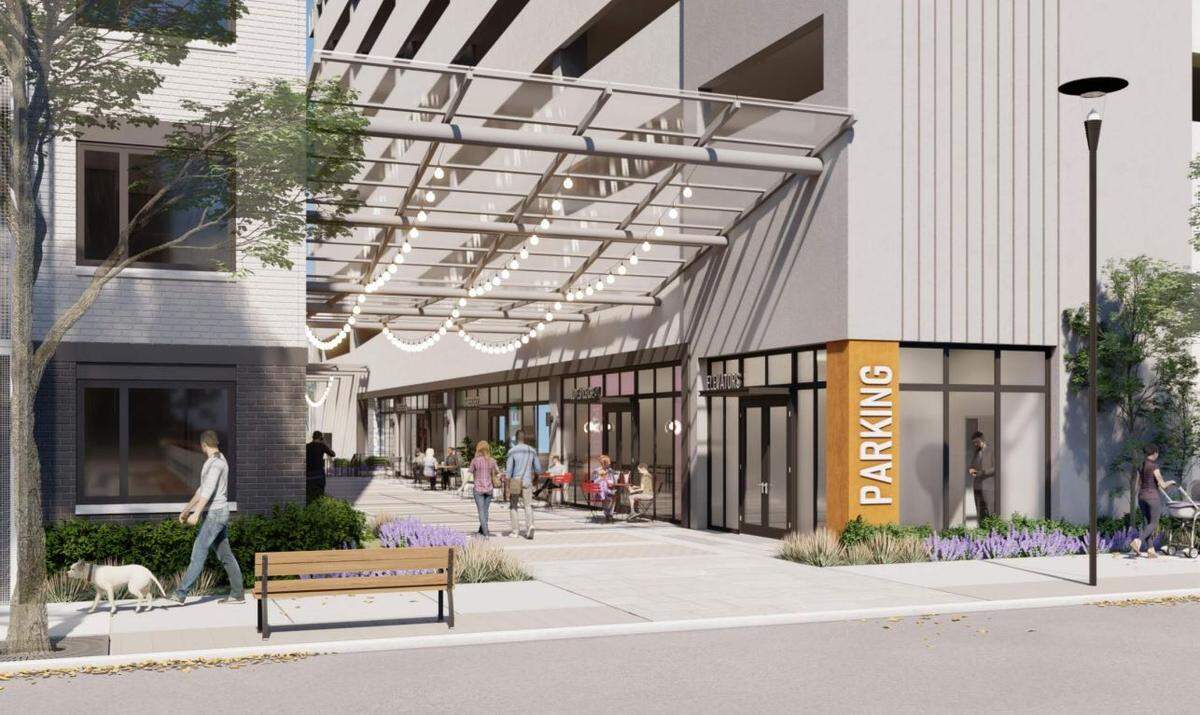 A view of the paseo, or public corridor, that would pass between the 12-story apartment building at 1000 Jones St. and its adjacent garage.