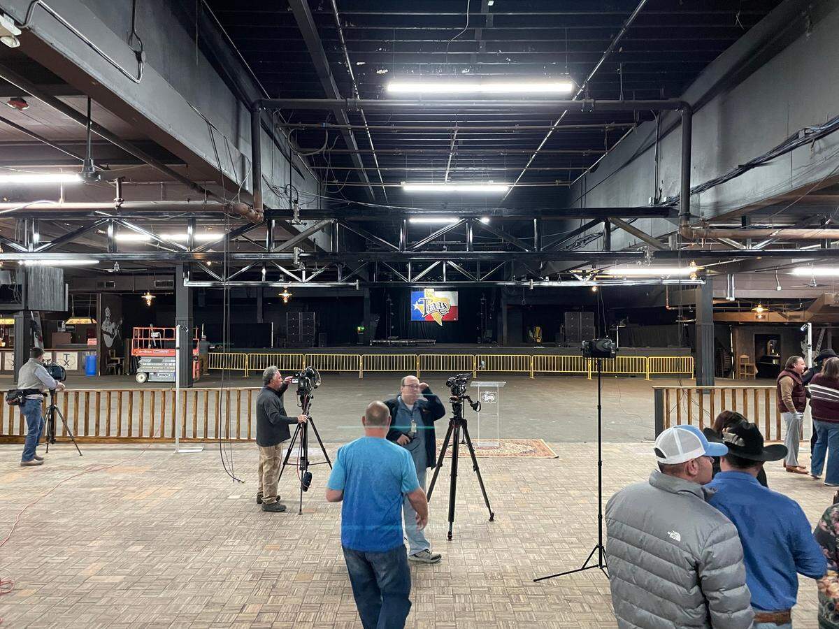 The view from the newly moved soundboard at Billy Bob’s Texas that now sits in the back of the showroom on February 29, 2024.