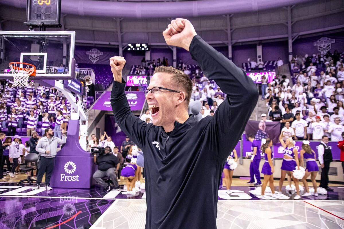 TCU Head Coach Mark Campbell celebrating after the team’s 76-73 win over No. 13 North Carolina State.