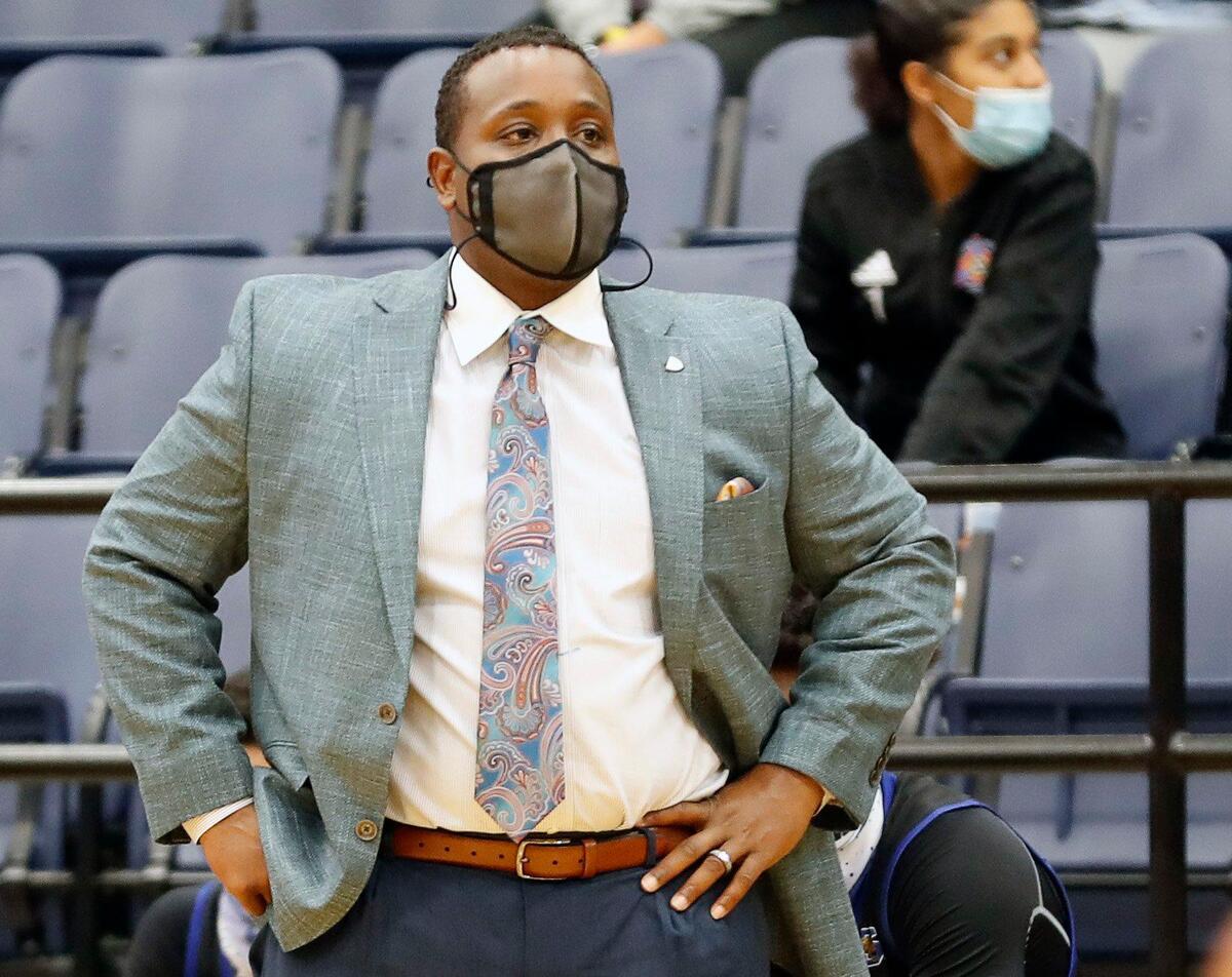 Summit head coach Emund Prichett watches second period action during a high school basketball game at Timberview High School in Arlington, Texas, Tuesday, Jan. 05, 2021. Timberview led 27-20 at the half. (Special to the Star-Telegram Bob Booth)