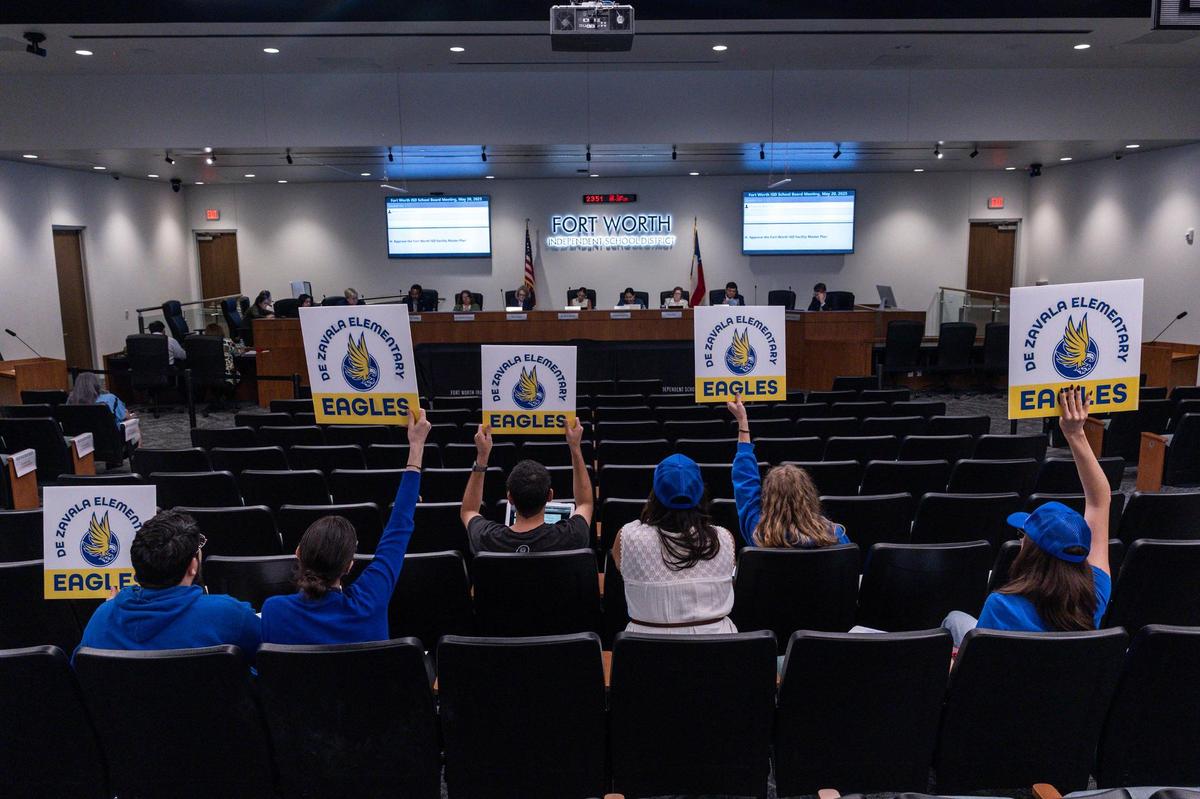 Six meeting attendees against the closure of De Zavala Elementary School remain for the vote on the facilities master plan close to midnight at the end of the FWISD School Board meeting at the District Administration Building on Tuesday, May 20.