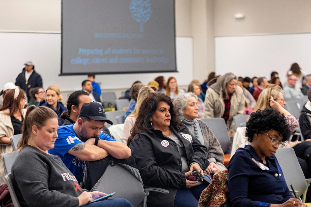 Elva Camacho, a substitute teacher for the district, attends a school board meeting along with dozens of other concerned community members to speak against the HealthSmart sexual education curriculum at the Fort Worth ISD Teaching and Learning Center on Tuesday, Jan. 24, 2023.