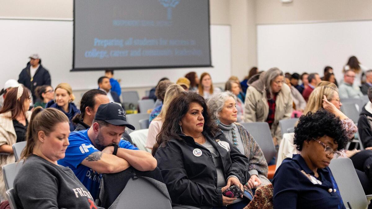 Elva Camacho, a substitute teacher for the district, attends a school board meeting along with dozens of other concerned community members to speak against the HealthSmart sexual education curriculum at the Fort Worth ISD Teaching and Learning Center on Jan. 24, 2023.