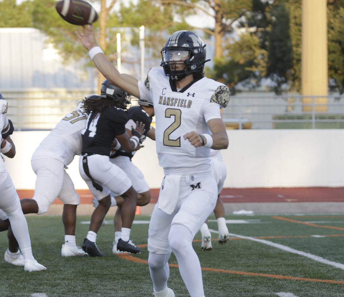 Mansfield’s Mykah Lankford (2) throws a pass against Arlington Martin during their game on Thursday, September 11, 2025 at Maverick Stadium in Arlington Texas.