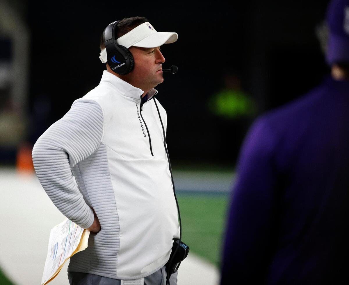 Anna head coach Seth Parr watches second quarter action during the UIL Conference 4A Division 1 state championship football game at AT&T Stadium in Arlington, Texas, Thursday, Dec. 14, 2023.