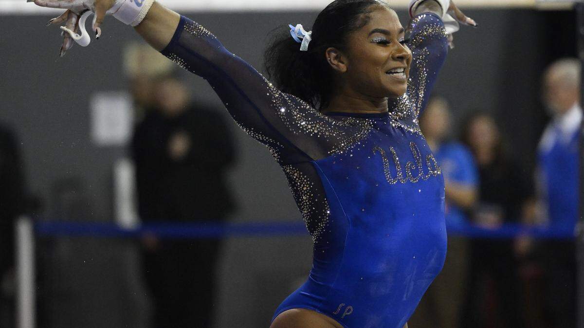 UCLA's Jordan Chiles, after finishing her uneven bars routine at the NCAA Women’s Gymnastics Los Angeles Regional, is known for her viral floor routines.