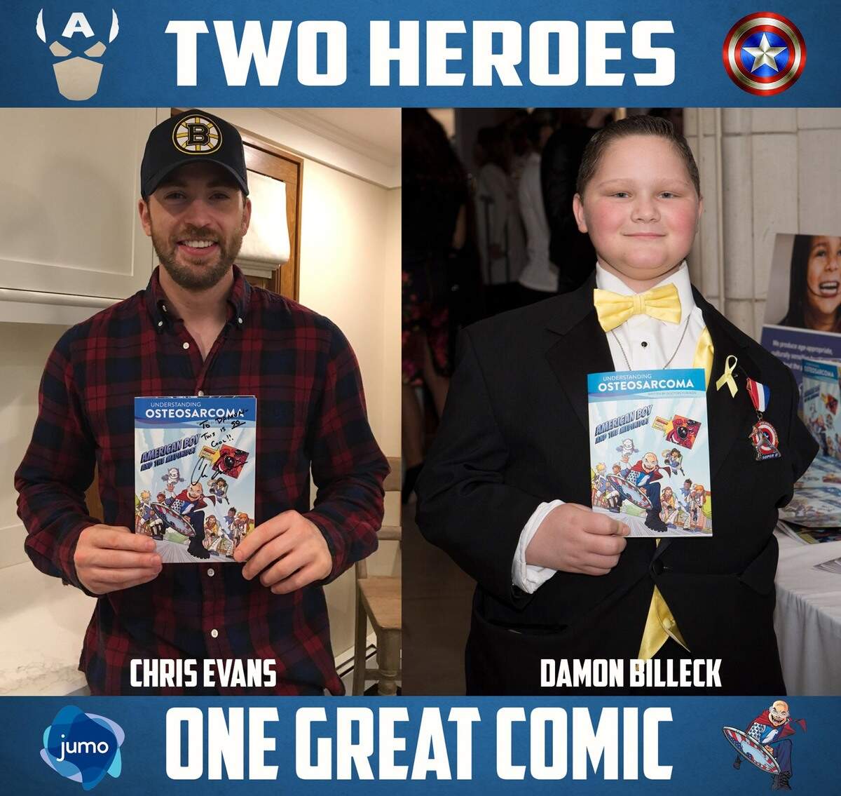 Actor Chris Evans poses with a book on bone cancer that he autographed for 13-year-old cancer patient Damon Billeck. Billeck is motivated by Captain America, played by Evans, to continue fighting through his third diagnosis of osteosarcoma.