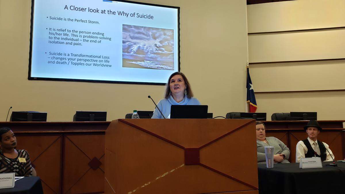 Keller ISD Intervention Counselor Francine LaLonde speaks at the Keller ISD Parent Suicide Awareness Night and Community Forum on Jan. 30. LaLonde advised straight talk and open dialogue with someone who could be thinking about suicide.