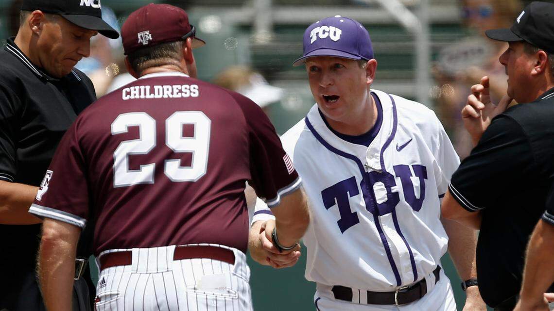 In 2015, then TCU head coach Jim Schlossnagle, right, and Texas A&M’s head coach Rob Childress greet each other before a game. This week, Schloss replaced Childress as the head coach at Texas A&M.