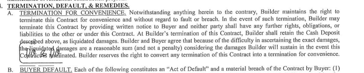 A termination for convenience clause was included in Danielle Ostrowski’s contract to buy a home in far north Fort Worth, and the builder later used that clause to cancel her sale.