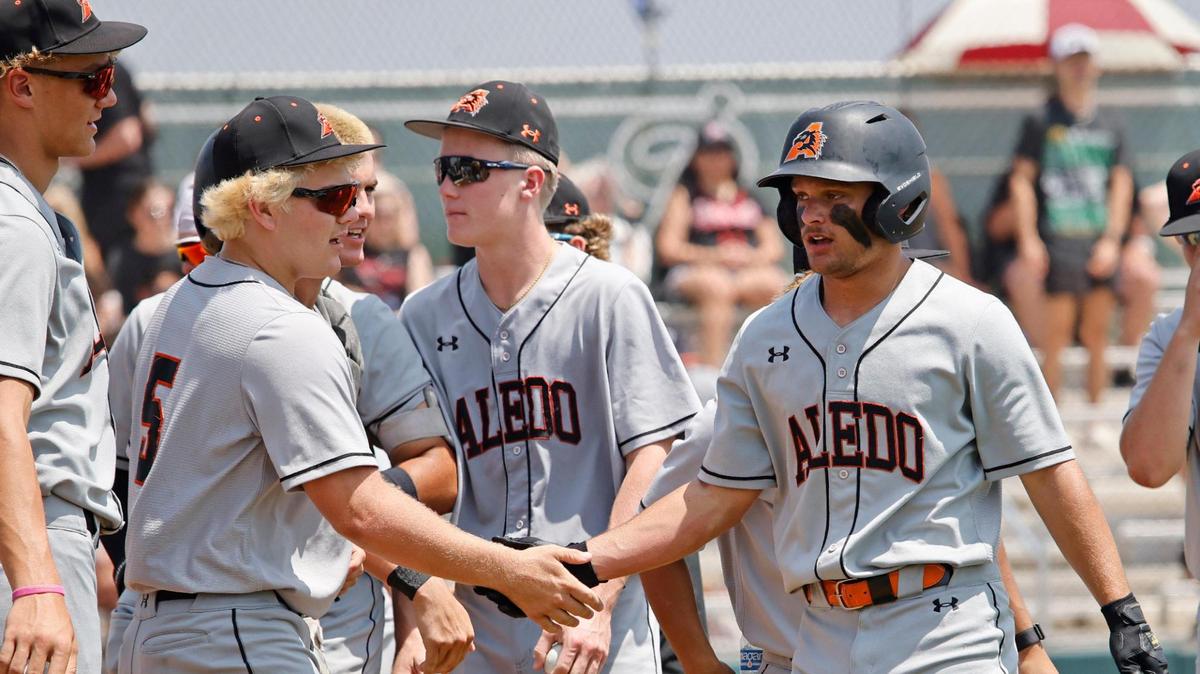 Aledo third baseman Blake Burdine (6) is welcomed back to the dugout after scoring the games first run during the UIL baseball regional final 5A D1 playoff game at Hawk Baseball Field in North Richland Hills, Texas, Thursday, May 22, 2025.