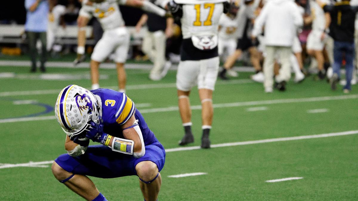 The Malakoff Tigers celebrate behind Brock defensive back Carson Finney (3) after a UIL Conference 3A Division 1 semifinal playoff football game at The Ford Center in Frisco, Texas, Thursday, Dec. 07, 2023.