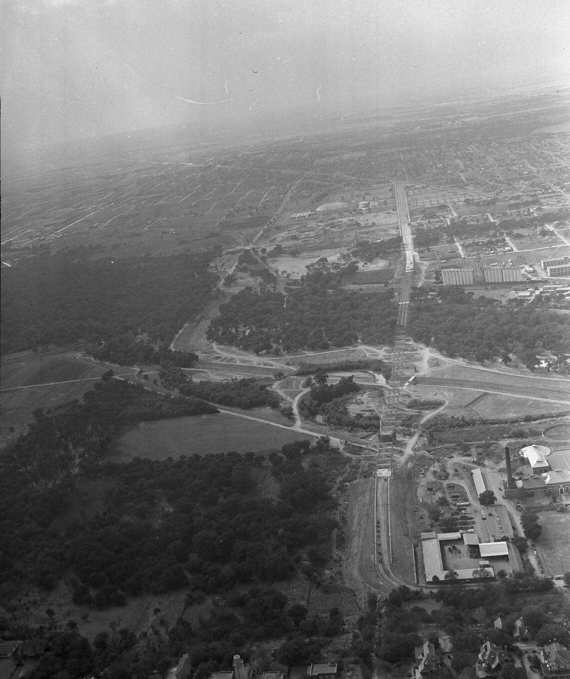 Oct. 10, 1938: Airview of construction of Lancaster Avenue bridge and overpass
