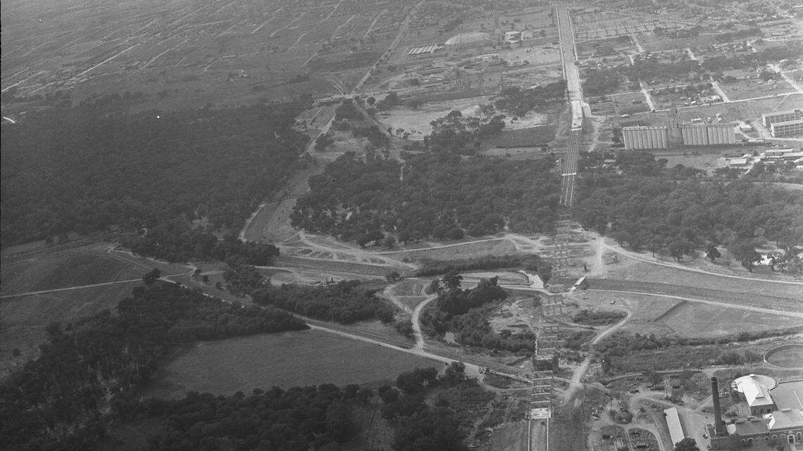 Oct. 10, 1938: Airview of construction of Lancaster Avenue bridge and overpass