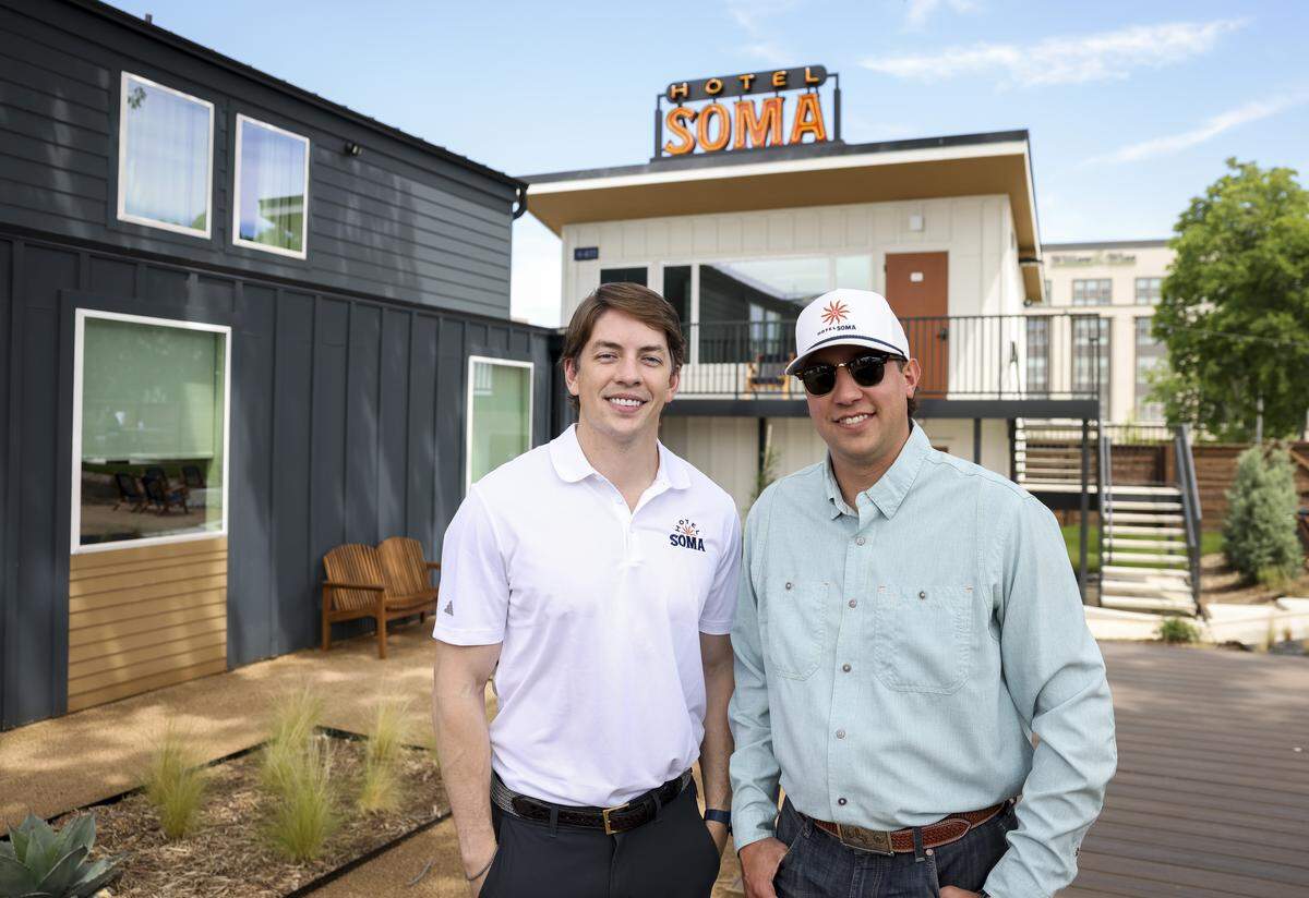 Will Moncrief and Lane Loiselle are the co-founders of Hotel SOMA, on Thursday, May 7, 2026 in Fort Worth, Texas. Hotel SOMA recently opened near South Main Street.