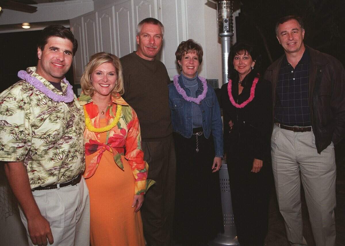 April 17, 1999: The Southlake Womens Club hosted a Spring Luau at the home of Lana Holley. From left: Russell Holley, Lana Holley, Steve Anderson, Jan Anderson, Deb Brown, Deryl Brown.